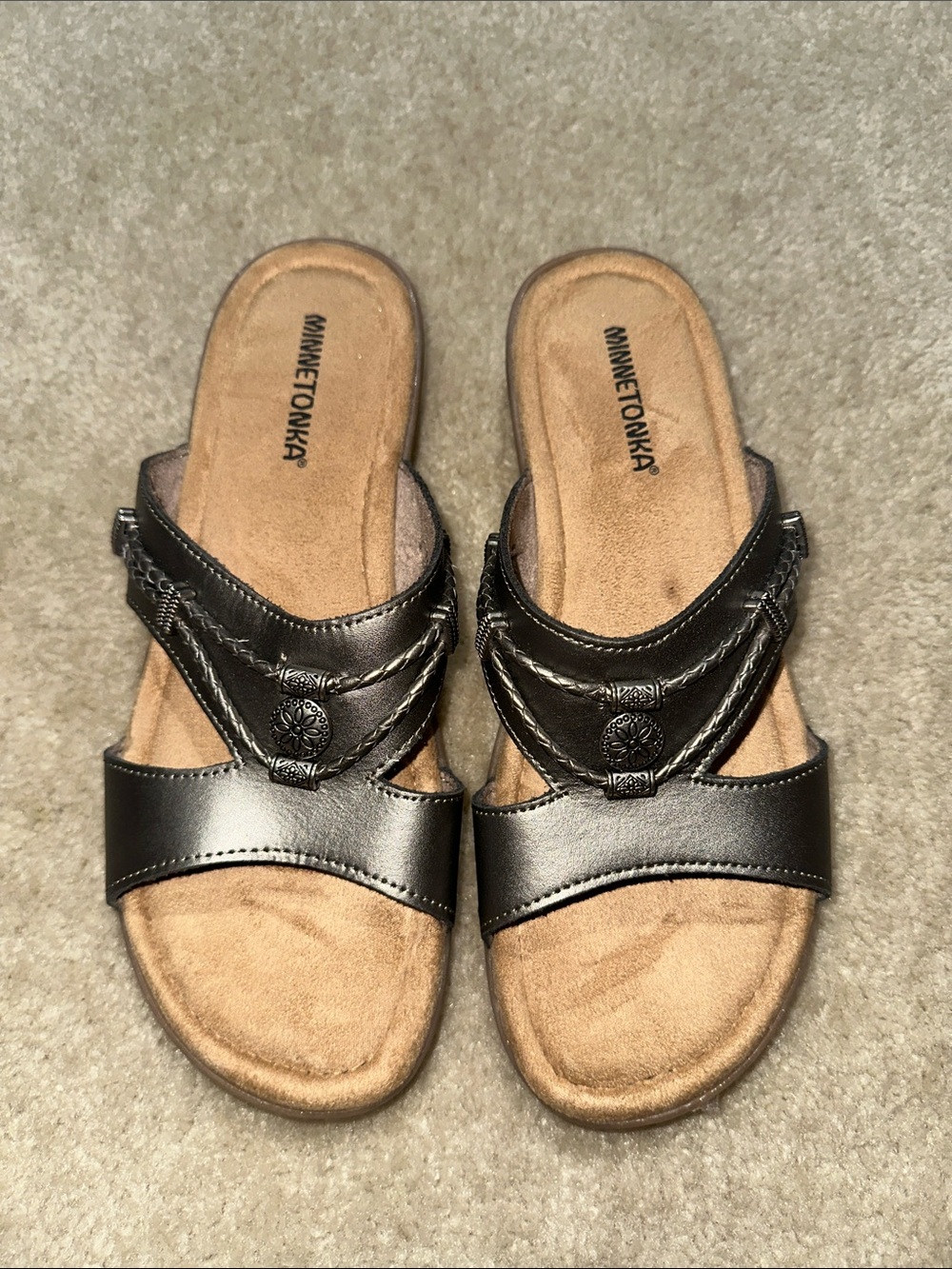 Minnetonka Metallic Bronze Braided Strap Slide Sandals